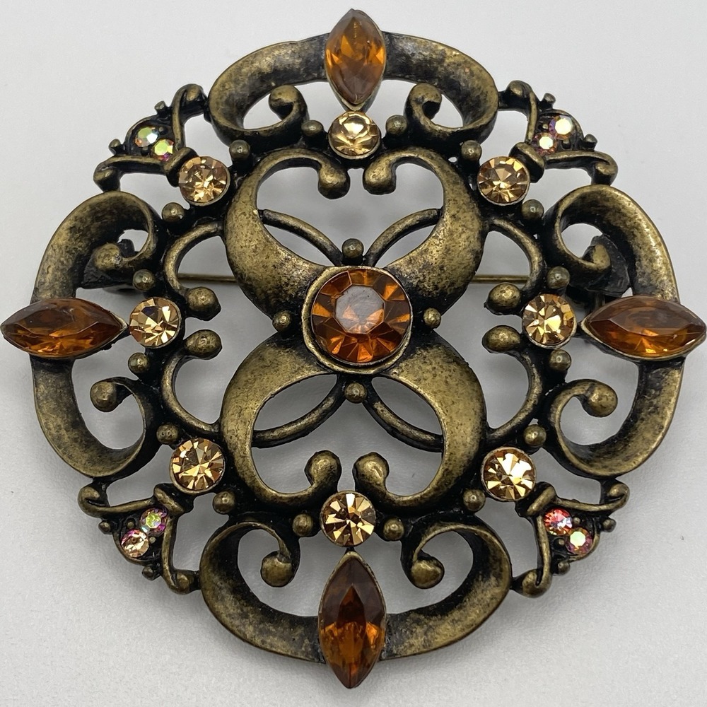 Unsigned Brass Tone Filigree Brooch Vintage Amber AB Rhinestone 2"